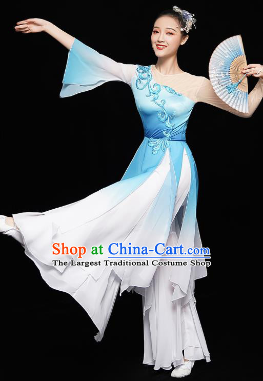 Chinese Fan Dance Blue Dress Traditional Umbrella Dance Costumes Classical Dance Clothing