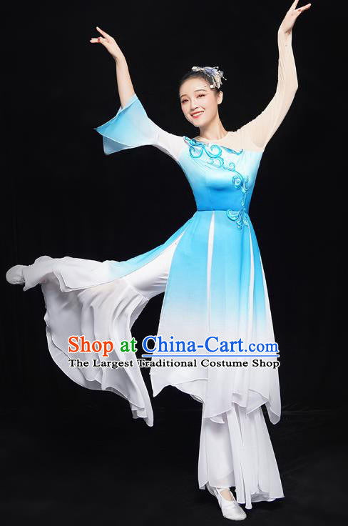 Chinese Fan Dance Blue Dress Traditional Umbrella Dance Costumes Classical Dance Clothing