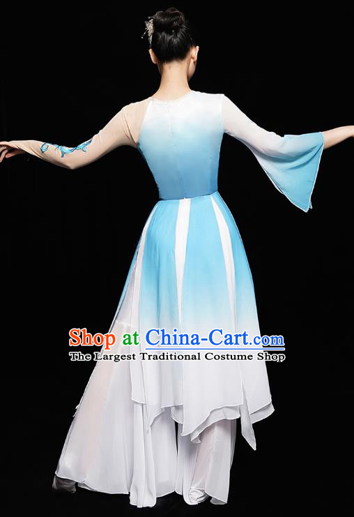 Chinese Fan Dance Blue Dress Traditional Umbrella Dance Costumes Classical Dance Clothing