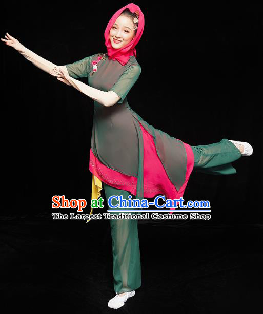 China Folk Dance Clothing Woman Yangge Dance Costume Yangko Dance Performance Dark Green Uniforms