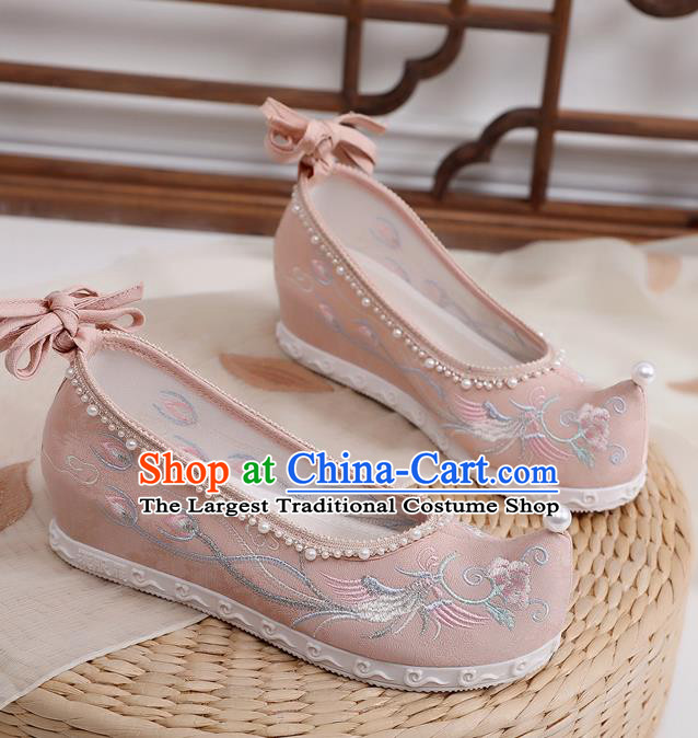China Traditional Ming Dynasty Princess Shoes Hanfu Pink Cloth Shoes Embroidered Phoenix Peony Shoes
