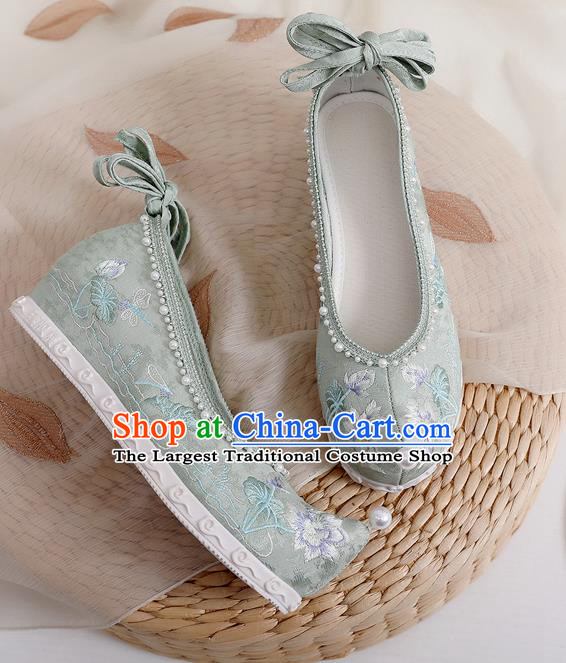 China Traditional Ming Dynasty Princess Shoes Embroidered Lotus Bow Shoes Hanfu Shoes Green Cloth Shoes