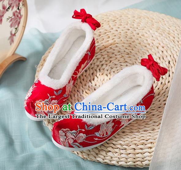 Chinese Traditional Wedding Embroidered Peony Shoes Classical Wedge Heel Shoes National Woman Winter Red Cloth Shoes