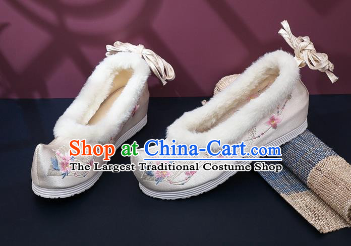 Chinese Traditional Embroidered Beige Satin Shoes Classical Wedge Heel Shoes National Winter Shoes