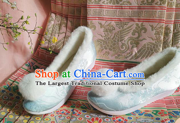 China Traditional Blue Satin Shoes Ming Dynasty Princess Shoes Ancient Hanfu Winter Shoes