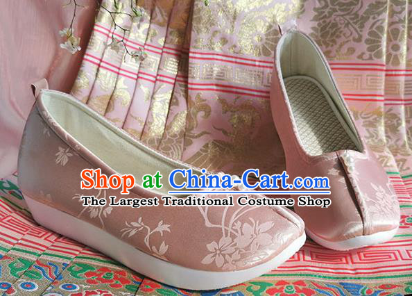 China Traditional Ming Dynasty Princess Shoes Handmade Hanfu Shoes Ancient Palace Lady Pink Satin Shoes