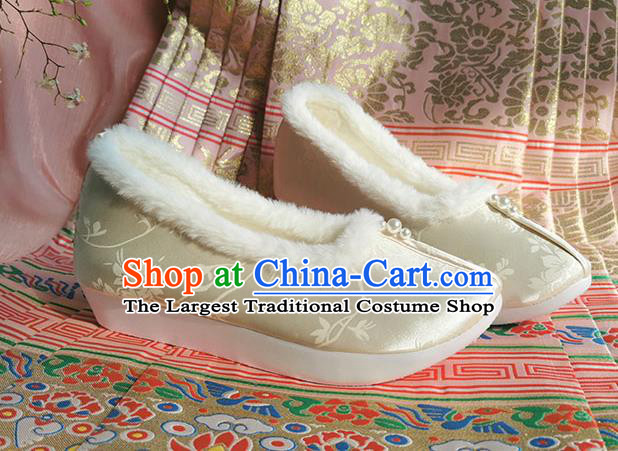 China Ming Dynasty Princess Shoes Ancient Hanfu Winter Shoes Traditional Beige Satin Shoes