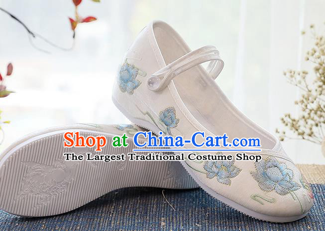 Chinese Embroidered Lotus White Shoes National Woman Shoes Traditional Classical Dance Shoes