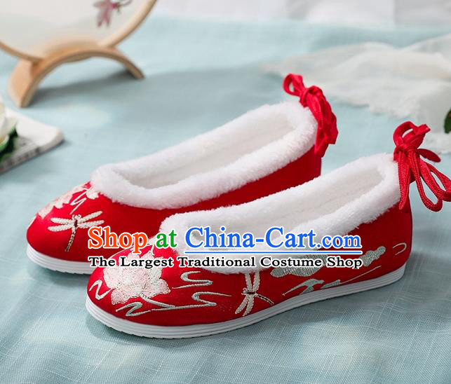 Chinese National Woman Winter Shoes Traditional Wedding Shoes Red Cloth Shoes Embroidered Lotus Shoes