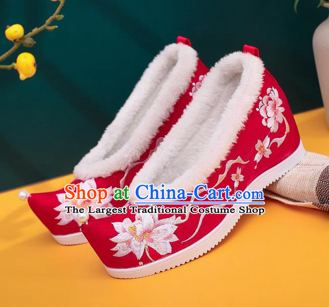 Chinese National Winter Wedding Shoes Traditional Xiuhe Suit Red Cloth Shoes Woman Embroidered Lotus Shoes