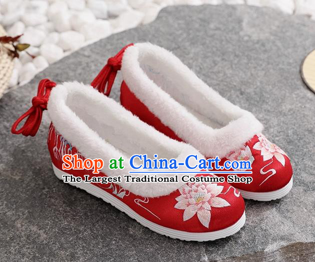 Chinese Traditional Xiuhe Suit Bride Shoes Woman Embroidered Lotus Shoes National Winter Red Cloth Shoes