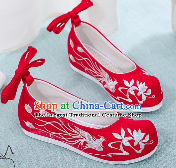 China Wedding Embroidered Phoenix Red Cloth Shoes Ancient Princess Hanfu Shoes Classical Dance Bow Shoes