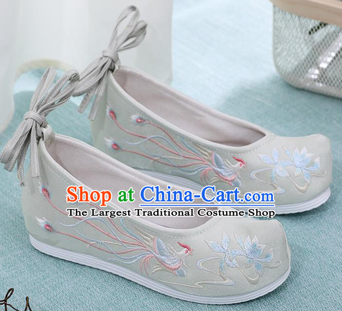 China Light Green Embroidered Phoenix Shoes Ancient Princess Shoes Classical Hanfu Shoes