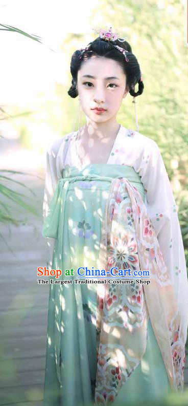 China Ancient Young Beauty Green Hanfu Dress Traditional Tang Dynasty Village Girl Historical Clothing