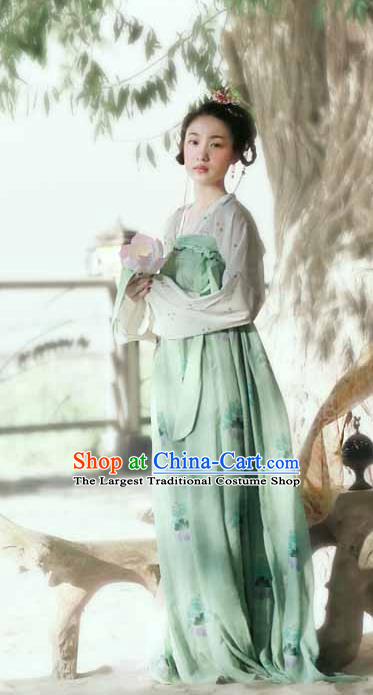 China Ancient Young Beauty Green Hanfu Dress Traditional Tang Dynasty Village Girl Historical Clothing