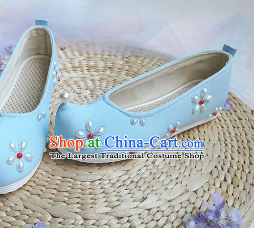 China Handmade Hanfu Blue Cloth Shoes Traditional Song Dynasty Pearls Shoes Ancient Princess Shoes