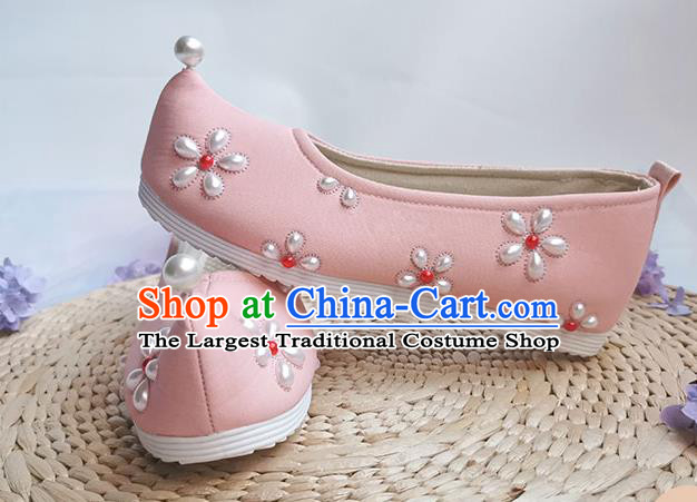 China Traditional Song Dynasty Pearls Shoes Ancient Princess Bow Shoes Handmade Hanfu Pink Cloth Shoes