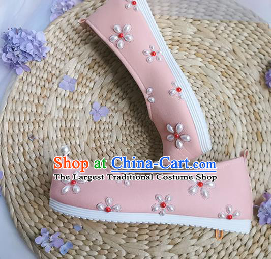 China Traditional Song Dynasty Pearls Shoes Ancient Princess Bow Shoes Handmade Hanfu Pink Cloth Shoes