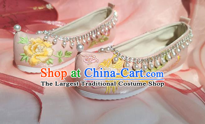 China Ancient Princess Pink Cloth Shoes Classical Beads Tassel Shoes Embroidered Phoenix Shoes Traditional Ming Dynasty Shoes