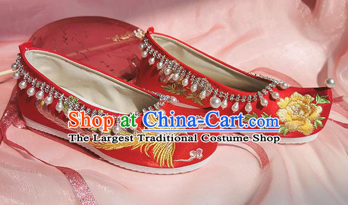 China Traditional Wedding Shoes Ancient Princess Red Cloth Shoes Classical Beads Tassel Shoes Embroidered Phoenix Shoes
