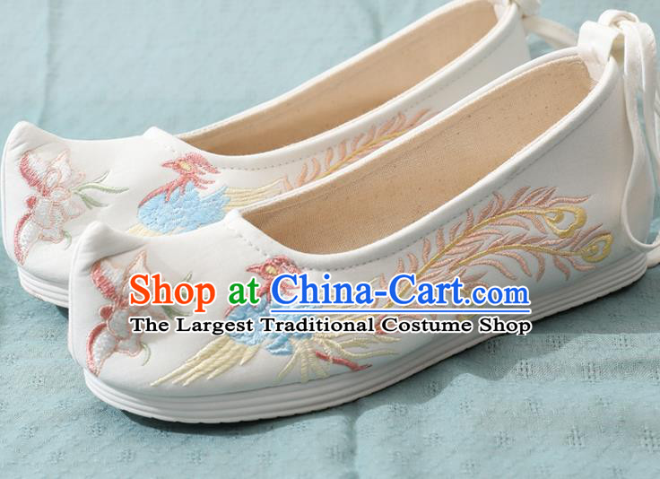 China Traditional Hanfu Bow Shoes Embroidery Phoenix White Cloth Shoes Ming Dynasty Young Lady Shoes
