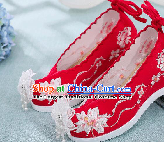 China National Wedding Red Cloth Shoes Traditional Hanfu Embroidered Shoes Handmade Lace Flower Wedge Shoes