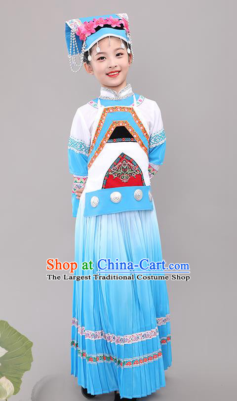 Chinese Bouyei Nationality Children Performance Costumes Guizhou Puyi Ethnic Folk Dance Blue Dress Clothing