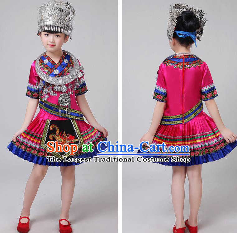 Chinese Tujia Ethnic Stage Performance Rosy Short Dress Outfits Yi Nationality Girl Festival Costumes