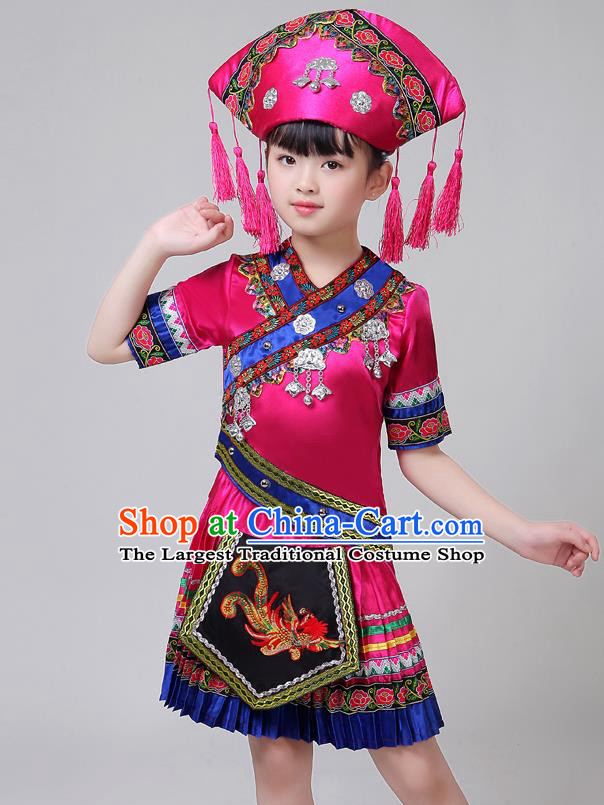 Chinese Tujia Ethnic Stage Performance Rosy Short Dress Outfits Yi Nationality Girl Festival Costumes