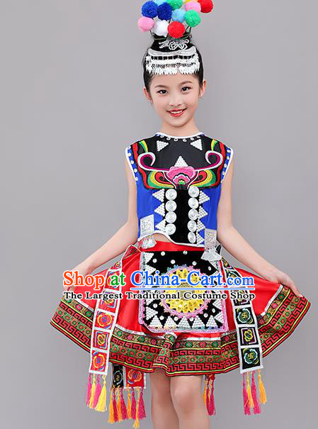 Chinese Tujia Nationality Children Performance Costumes Guizhou Ethnic Folk Dance Outfits