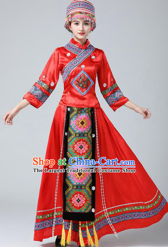 China Guangxi Minority Folk Dance Outfits Ethnic Stage Performance Red Dress Zhuang Nationality Wedding Clothing and Hat