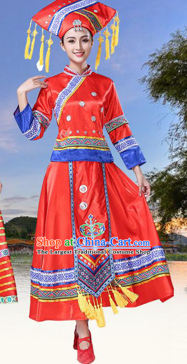 China Zhuang Nationality Clothing Yunnan Minority Folk Dance Outfits Ethnic Performance Red Dress and Hat