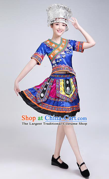 China Hmong Minority Outfits Ethnic Performance Royalblue Dress Miao Nationality Folk Dance Clothing and Headwear