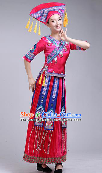 China Minority Performance Rosy Dress Zhuang Nationality Clothing Guangxi Ethnic Dance Outfits