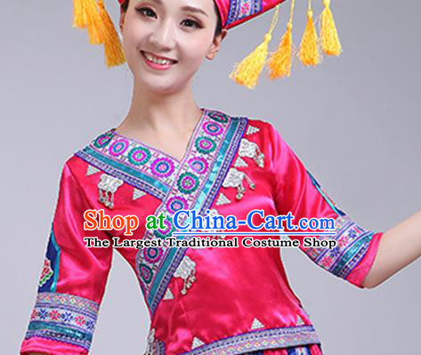 China Minority Performance Rosy Dress Zhuang Nationality Clothing Guangxi Ethnic Dance Outfits