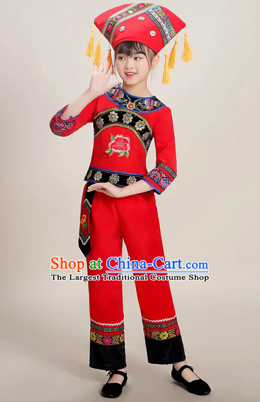 Chinese Guangxi Ethnic Folk Dance Red Blouse and Pants Outfits Zhuang Nationality Children Performance Costumes