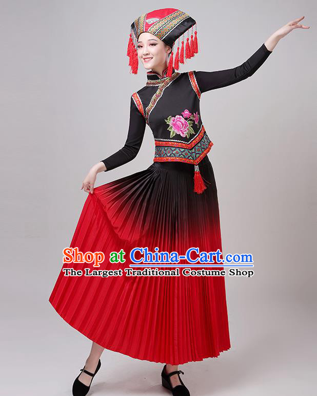 China Guangxi Ethnic Performance Outfits Minority Dress Zhuang Nationality Folk Dance Clothing