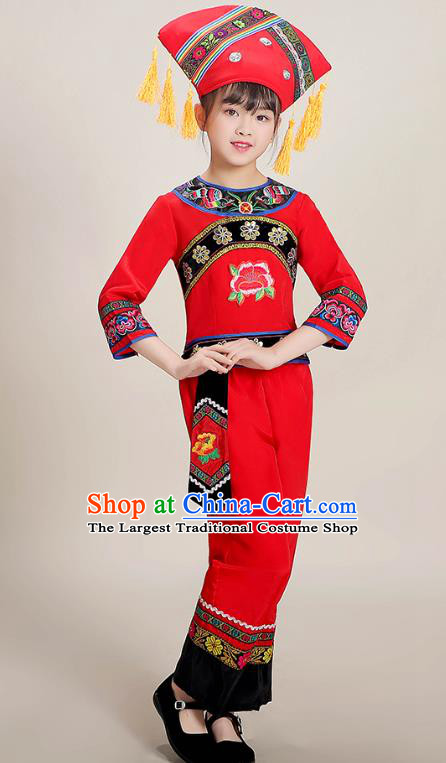 Chinese Guangxi Ethnic Folk Dance Red Blouse and Pants Outfits Zhuang Nationality Children Performance Costumes