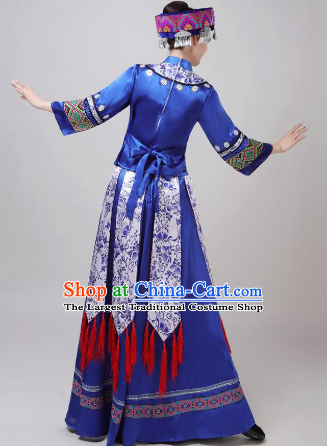 China Tujia Nationality Folk Dance Clothing Yunnan Ethnic Performance Outfits Yao Minority Woman Royalblue Dress
