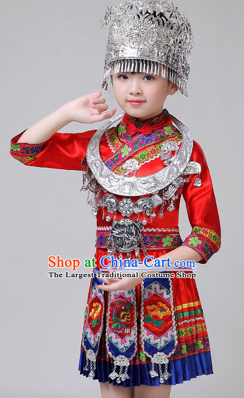 Chinese Yi Ethnic Folk Dance Red Short Dress Outfits Zhuang Nationality Girl Costumes