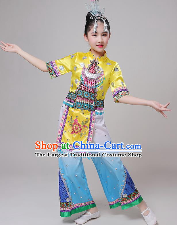 Chinese Minnan Ethnic Stage Performance Outfits Dong Nationality Festival Dance Costumes and Headwear for Kids