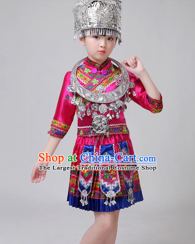 Chinese Guangxi Zhuang Nationality Girl Costumes Yi Ethnic Folk Dance Rosy Short Dress Outfits