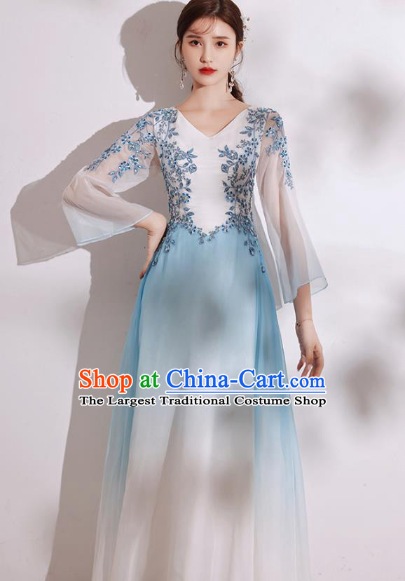 China Annual Meeting Compere Clothing Stage Show Blue Full Dress Chorus Group Costumes