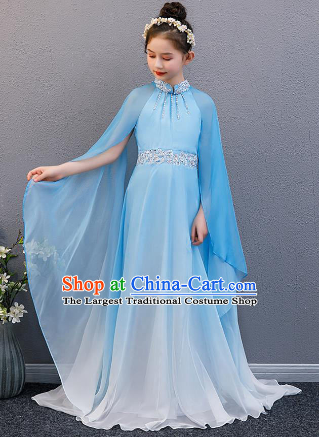Top Grade Children Stage Performance Costume Girl Chorus Group Fashion Catwalks Blue Dress