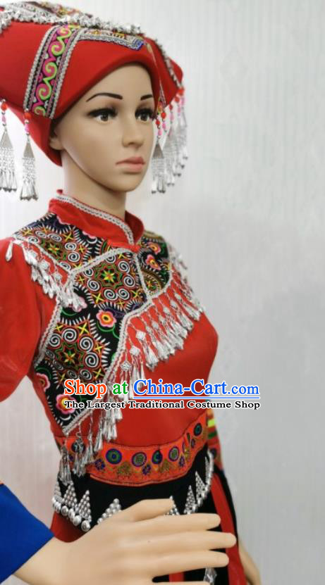 China Zhuang Nationality Wedding Costumes Ethnic Folk Dance Clothing Stage Performance Red Dress and Hat