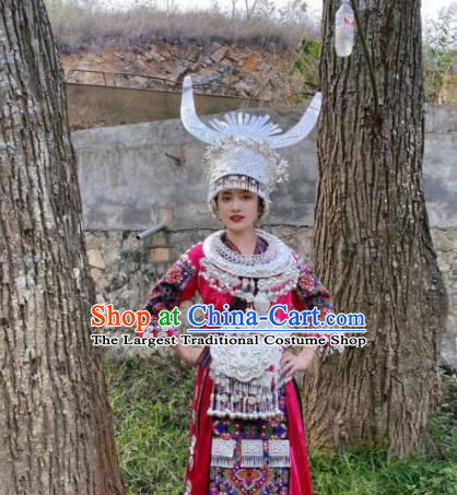 China Hmong Ethnic Folk Dance Clothing Bride Rosy Dress Miao Nationality Wedding Costumes and Hair Accessories