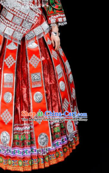 China Hmong Ethnic Bride Red Dress Stage Performance Clothing Miao Nationality Wedding Costumes and Hair Jewelry