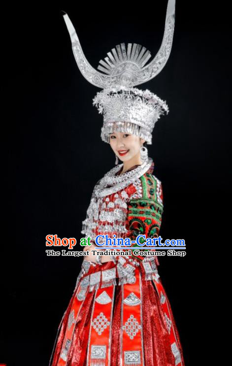 China Hmong Ethnic Bride Red Dress Stage Performance Clothing Miao Nationality Wedding Costumes and Hair Jewelry