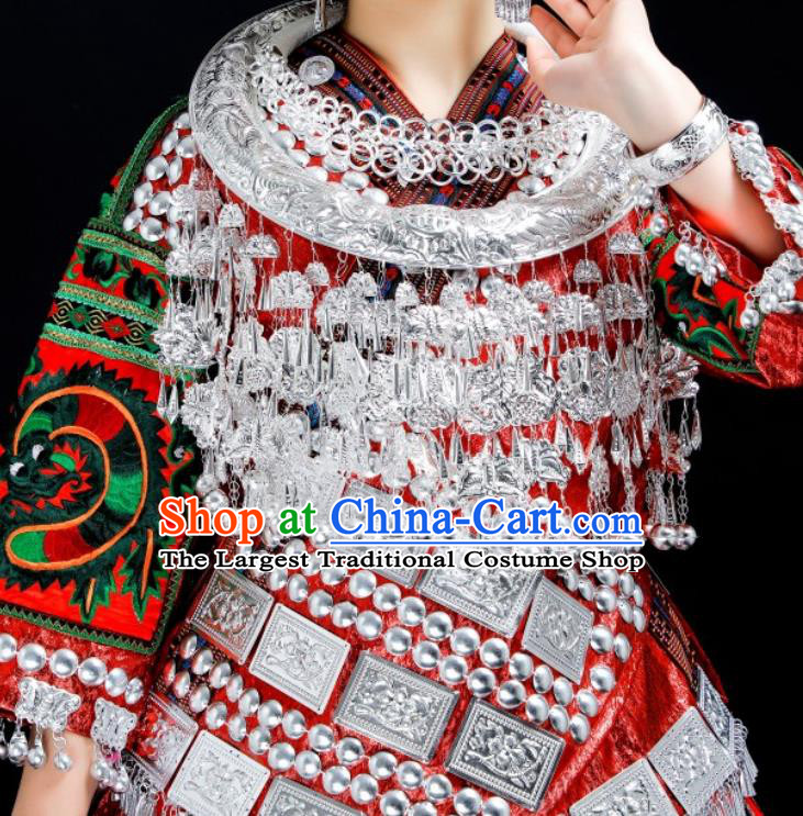 China Hmong Ethnic Bride Red Dress Stage Performance Clothing Miao Nationality Wedding Costumes and Hair Jewelry