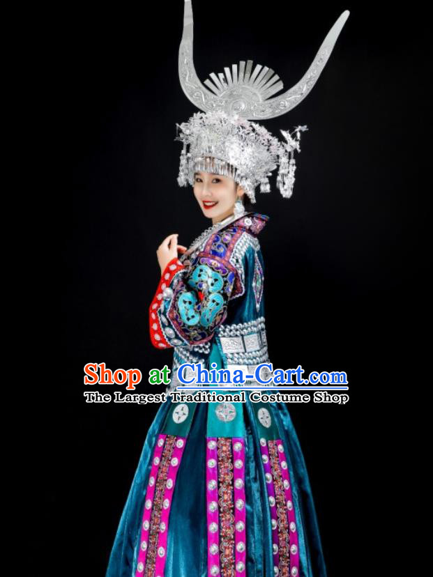 China Miao Nationality Folk Dance Costumes Guizhou Ethnic Blue Dress Stage Performance Clothing and Headdress
